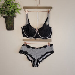 Cacique Unlined Balconette Cheeky Houndstooth White Black Lace Bra Pantie 42DDD